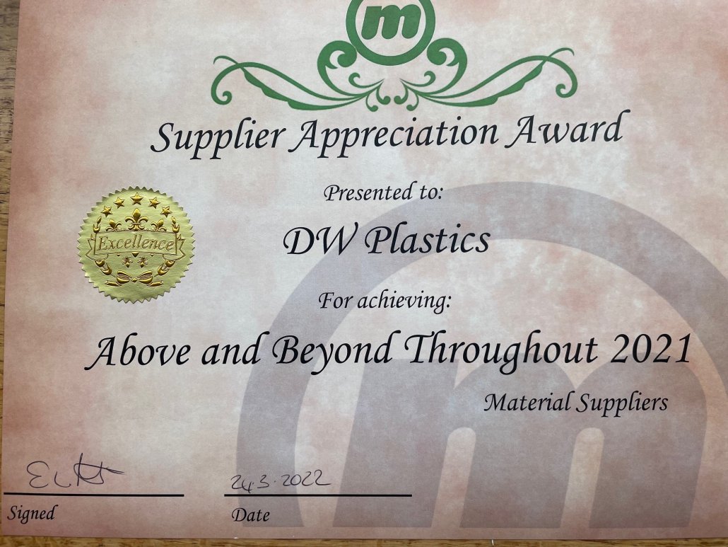 Supplier Appreciation Award presented to D W Plastics