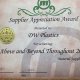 Supplier Appreciation Award presented to D W Plastics